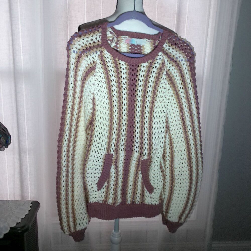 FREE PEOPLE BEACH Long Sleeve Scoop Neck Cream, Brown, Tan Crochet Sweater M